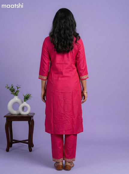 Pink and Orange Art Tussar Embroidery Work & Jaccard Pattern Straight Suit