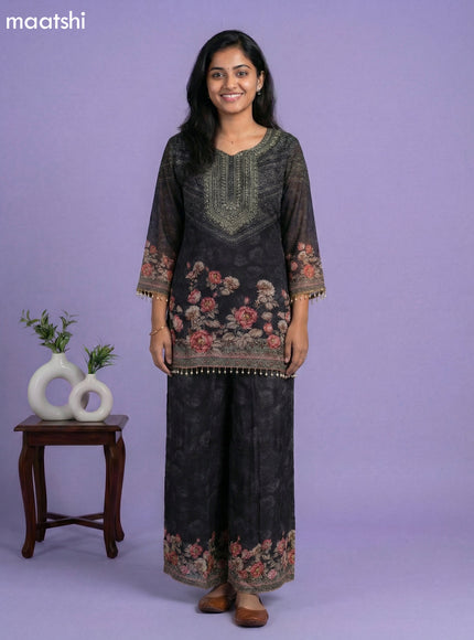 Black Crepe Silk Printed Fish Cut Kurti Set