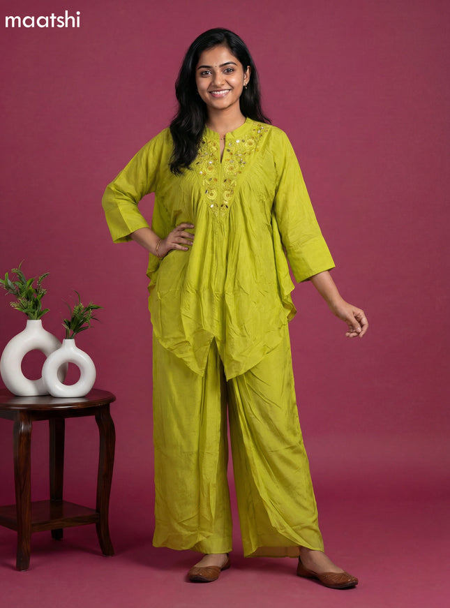 Lime Green Crepe Silk Printed Kaftan Dress