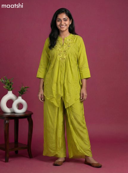 Lime Green Crepe Silk Printed Kaftan Dress