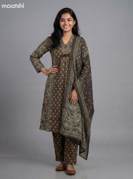 Brown Cotton Printed A-Line Suit