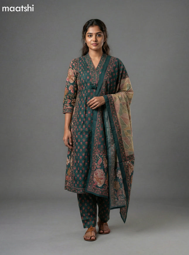Dark Green Cotton Printed A-Line Suit