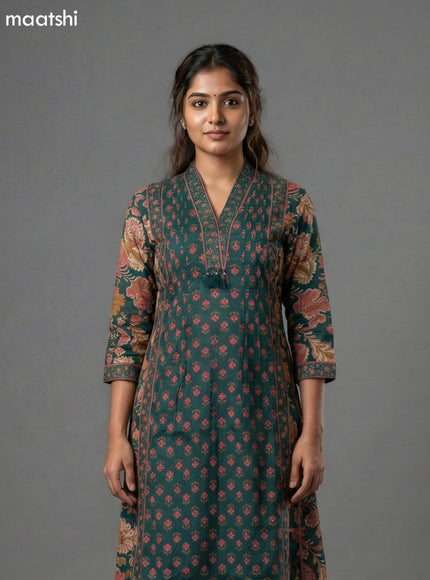 Dark Green Cotton Printed A-Line Suit