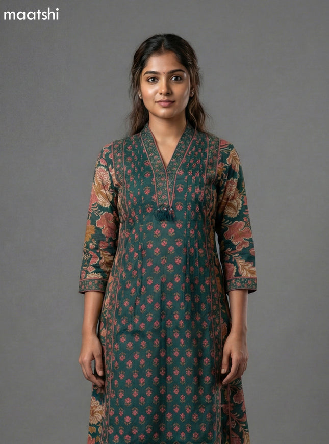 Dark Green Cotton Printed A-Line Suit
