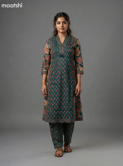 Dark Green Cotton Printed A-Line Suit