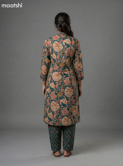 Dark Green Cotton Printed A-Line Suit
