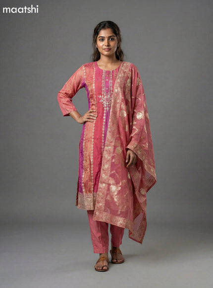 Peach Pink Tissue Embroidery Work Straight Suit