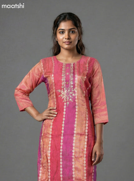 Peach Pink Tissue Embroidery Work Straight Suit
