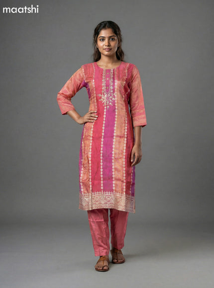 Peach Pink Tissue Embroidery Work Straight Suit