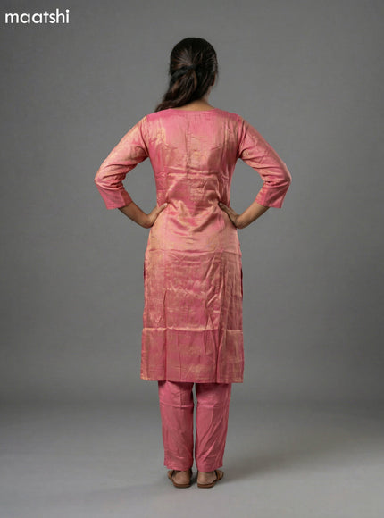 Peach Pink Tissue Embroidery Work Straight Suit