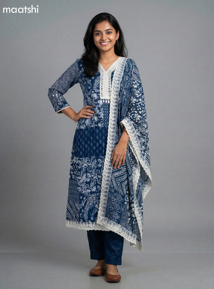 Navy Blue Chinon Silk Printed Straight Suit