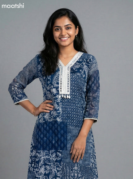 Navy Blue Chinon Silk Printed Straight Suit