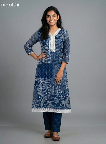Navy Blue Chinon Silk Printed Straight Suit