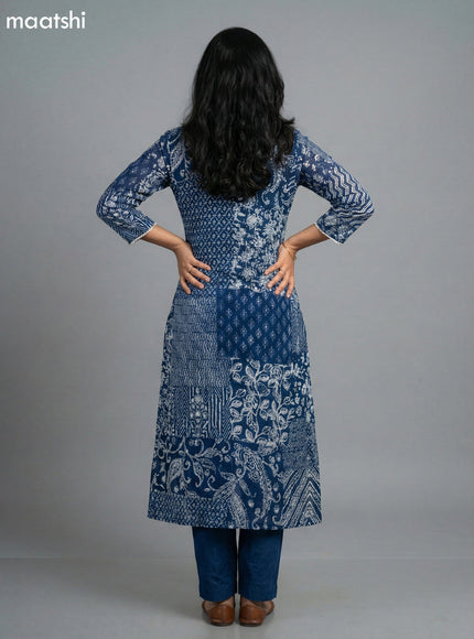 Navy Blue Chinon Silk Printed Straight Suit