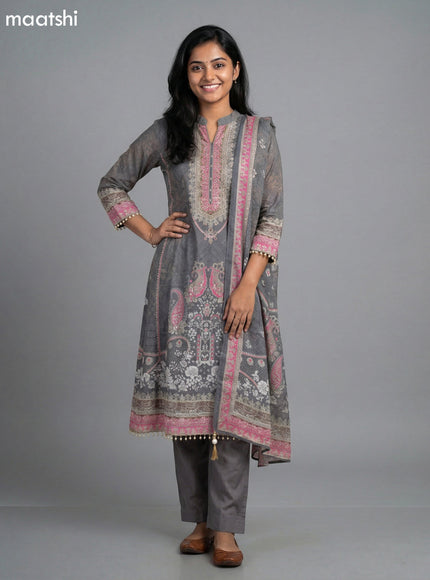 Grey and Pink Crepe Silk Printed Straight Suit