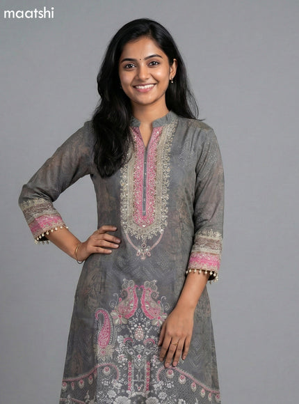 Grey and Pink Crepe Silk Printed Straight Suit