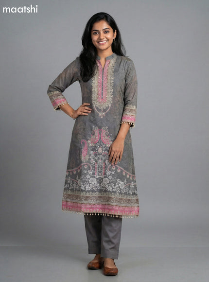 Grey and Pink Crepe Silk Printed Straight Suit