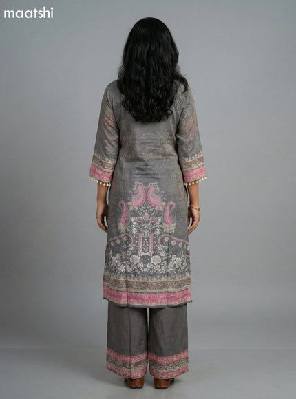Grey and Pink Crepe Silk Printed Straight Suit