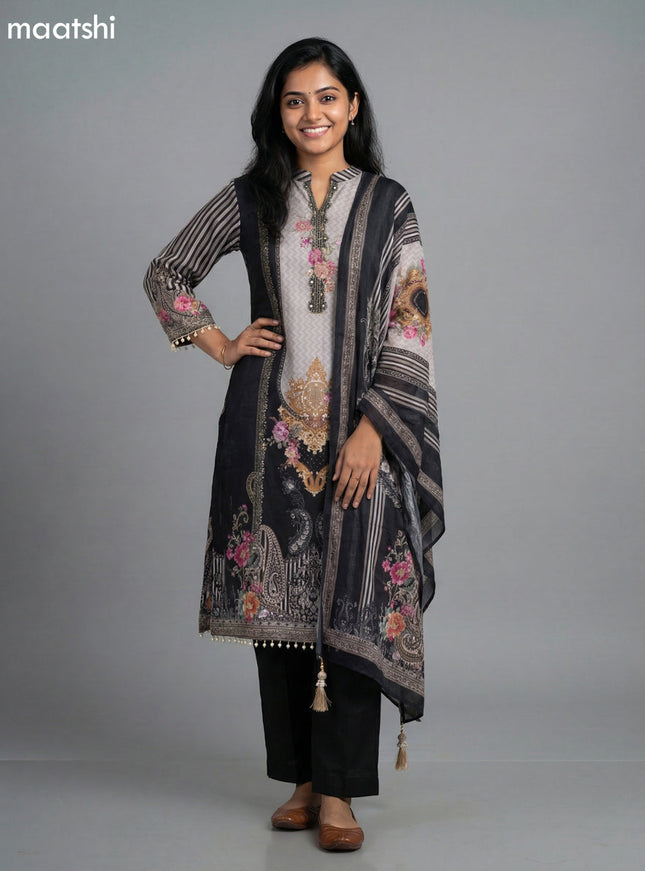 Black and Grey Shade Crepe Silk Printed Straight Suit