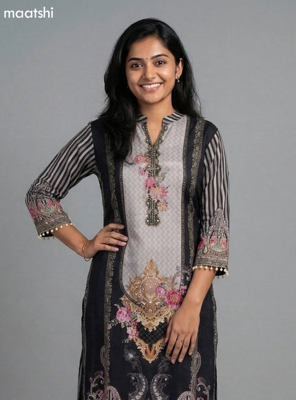 Black and Grey Shade Crepe Silk Printed Straight Suit