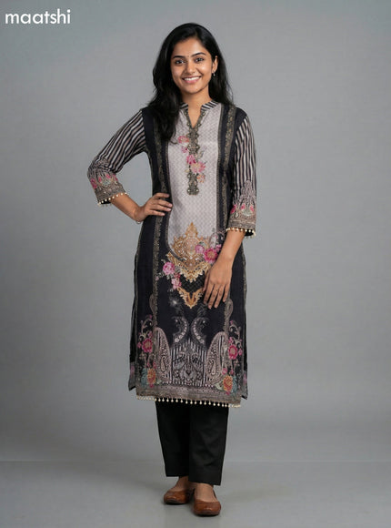 Black and Grey Shade Crepe Silk Printed Straight Suit
