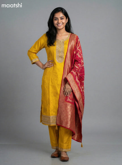 Mustard Yellow and Red Art Tussar Embroidery Work Straight Suit