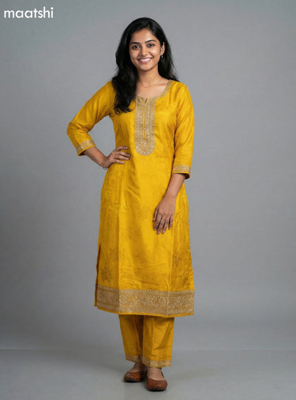 Mustard Yellow and Red Art Tussar Embroidery Work Straight Suit