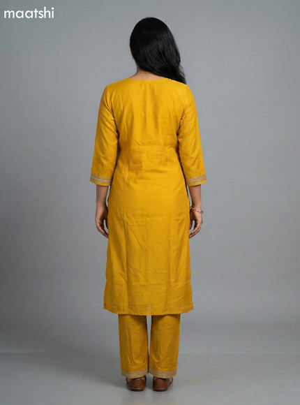 Mustard Yellow and Red Art Tussar Embroidery Work Straight Suit