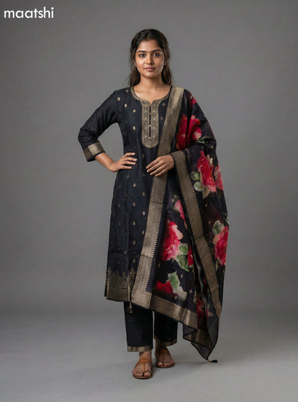 Black and Red Art Tussar Embroidery Work Straight Suit