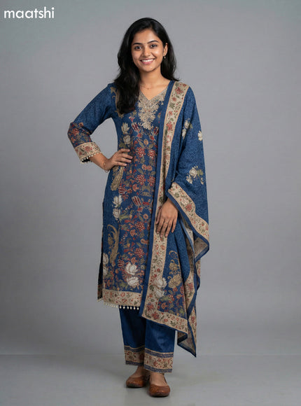 Blue Crepe Silk Kalamkari Printed & Embroidery Work Straight Suit