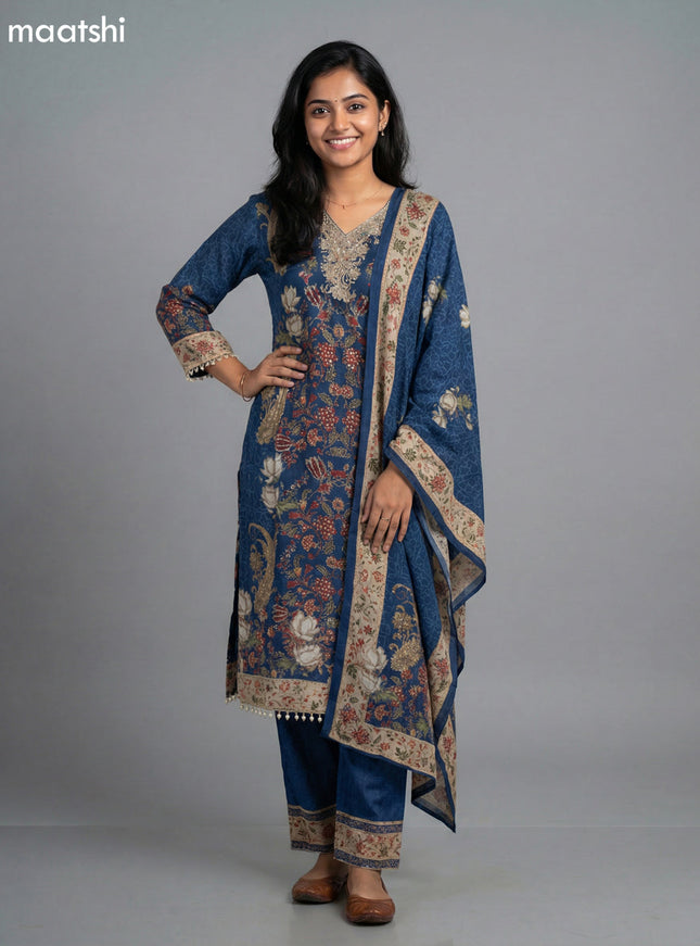 Blue Crepe Silk Kalamkari Printed & Embroidery Work Straight Suit