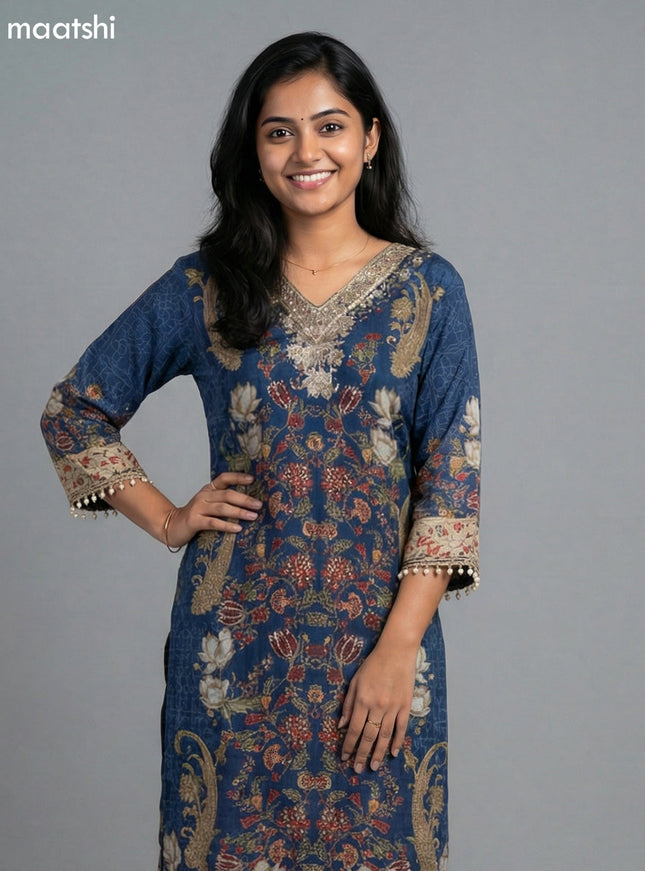 Blue Crepe Silk Kalamkari Printed & Embroidery Work Straight Suit