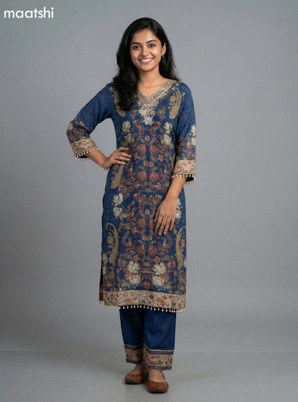 Blue Crepe Silk Kalamkari Printed & Embroidery Work Straight Suit
