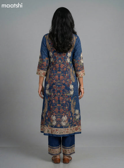 Blue Crepe Silk Kalamkari Printed & Embroidery Work Straight Suit