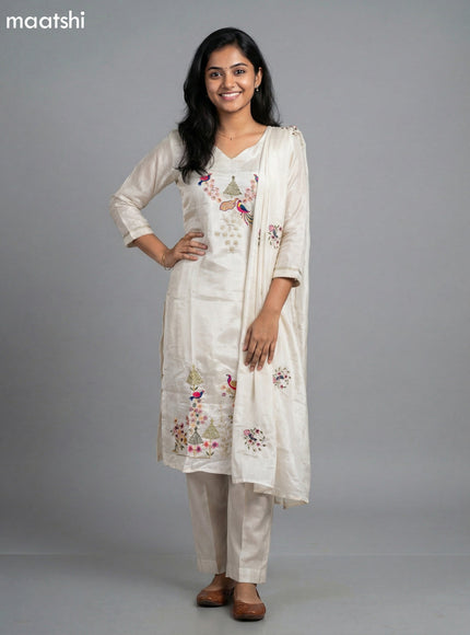 Cream Crepe Silk Embroidery Work Straight Suit