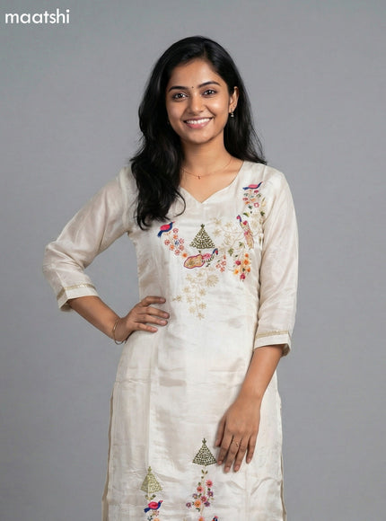 Cream Crepe Silk Embroidery Work Straight Suit