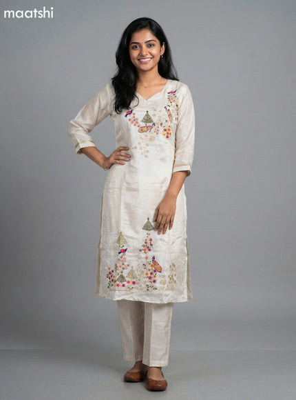 Cream Crepe Silk Embroidery Work Straight Suit