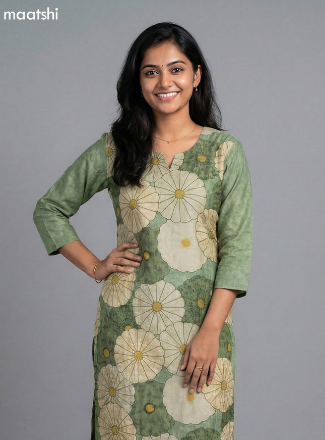 Pastel Green Art Tussar Floral Printed & Kantha Stitch Work Straight Suit