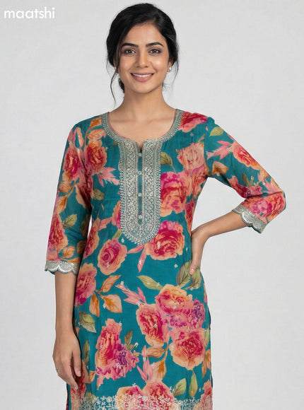 Teal Green Art Tussar Floral Printed Straight Suit