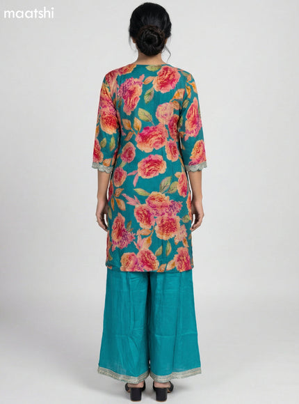 Teal Green Art Tussar Floral Printed Straight Suit