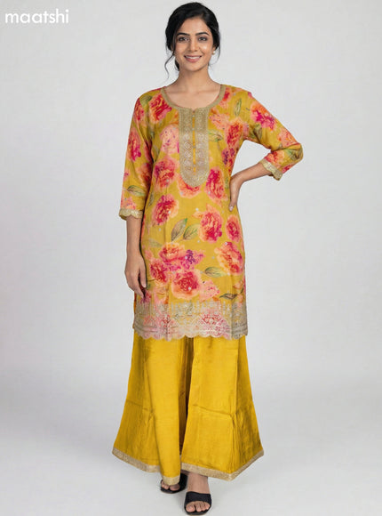 Mustard Shade Art Tussar Floral Printed Straight Suit