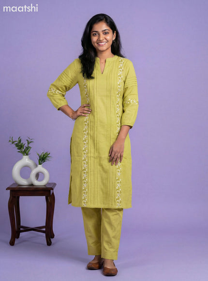 Lime Green Cotton Embroidery Work Kurti Set