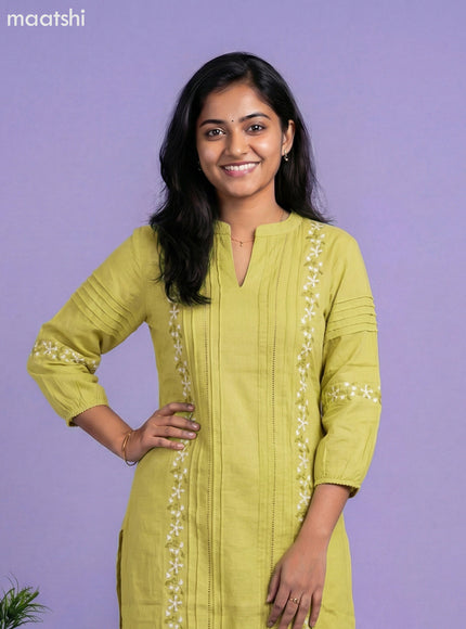 Lime Green Cotton Embroidery Work Kurti Set