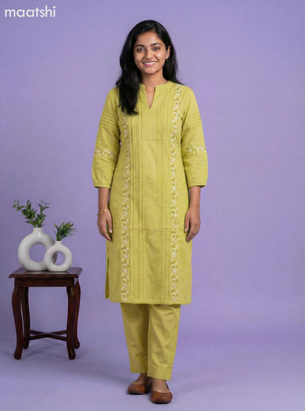 Lime Green Cotton Embroidery Work Kurti Set