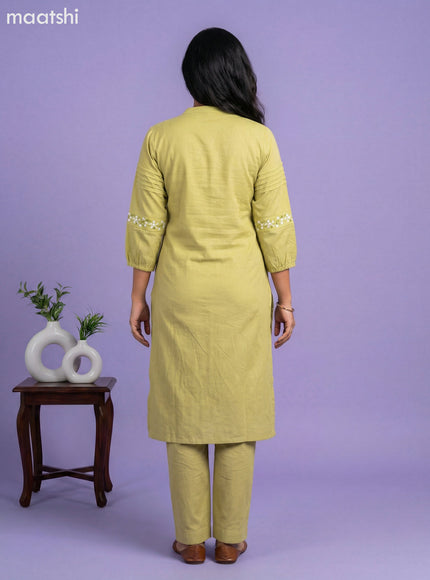 Lime Green Cotton Embroidery Work Kurti Set