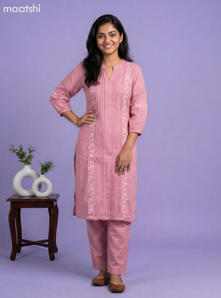Peach Pink Cotton Embroidery Work Kurti Set