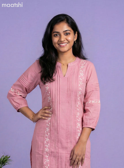 Peach Pink Cotton Embroidery Work Kurti Set