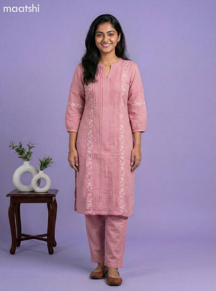 Peach Pink Cotton Embroidery Work Kurti Set