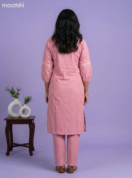 Peach Pink Cotton Embroidery Work Kurti Set