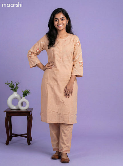 Mild Peach Cotton Embroidery Work Kurti Set
